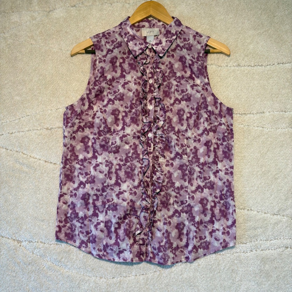 Ann Taylor LOFT Ruffle Button Front Blouse Womens Medium Purple Sleeveless *